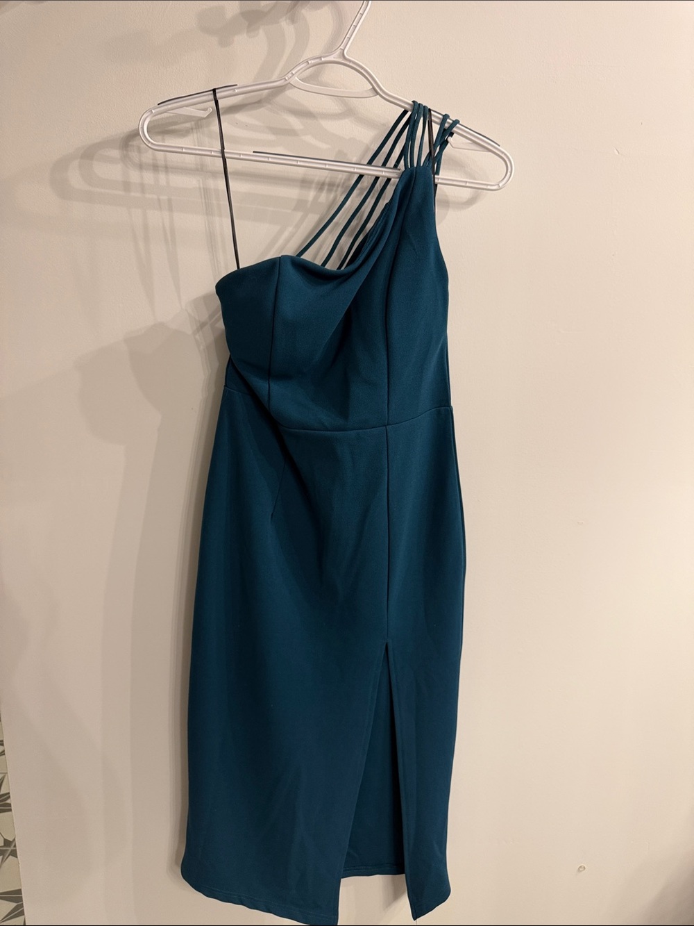 Hello Molly One-Shoulder Teal Green Midi Dress with Strappy Shoulder